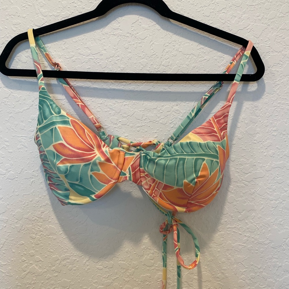 Kenny Flowers Tropical Floral Bikini Top in Teal, Orange & Pink